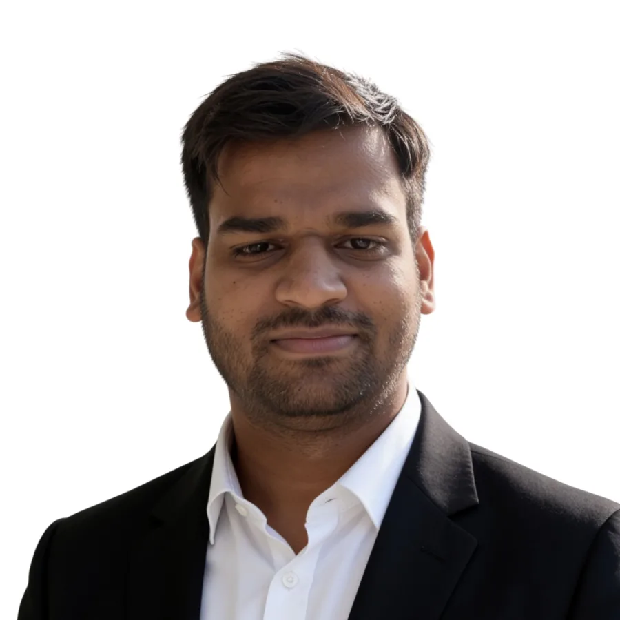 Anuj Kumar headshot, black suit and white shirt, white background