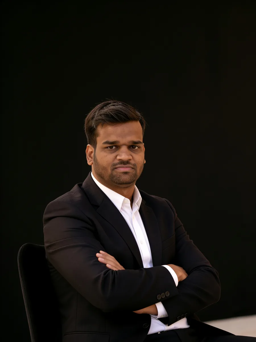 Anuj Kumar seated with arms crossed, black suit, dark background